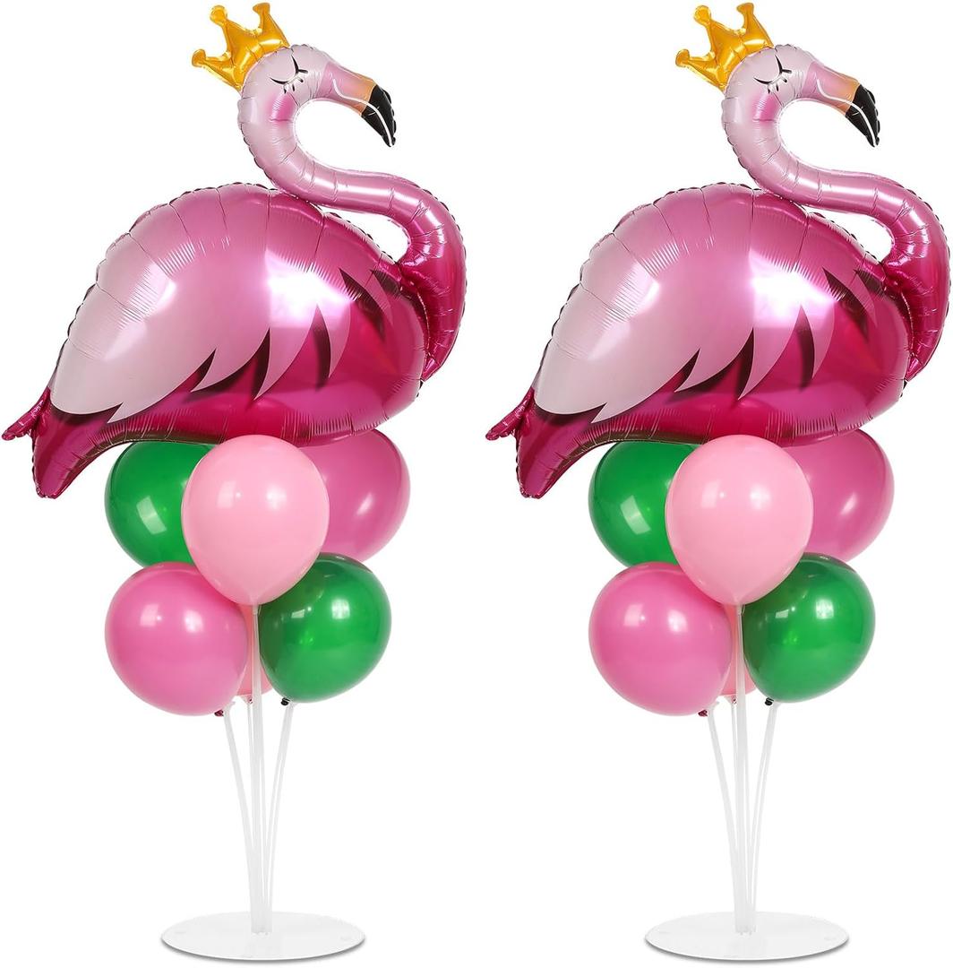 2 Sets Summer Tropical Flamingo Balloon Column Stand Kit with 102 Pink Green Flamingo Foil Balloons 5.57ft Balloon Tower Stand with Base Arch Column for Birthday Wedding Hawaiian Luau Party Decortions
