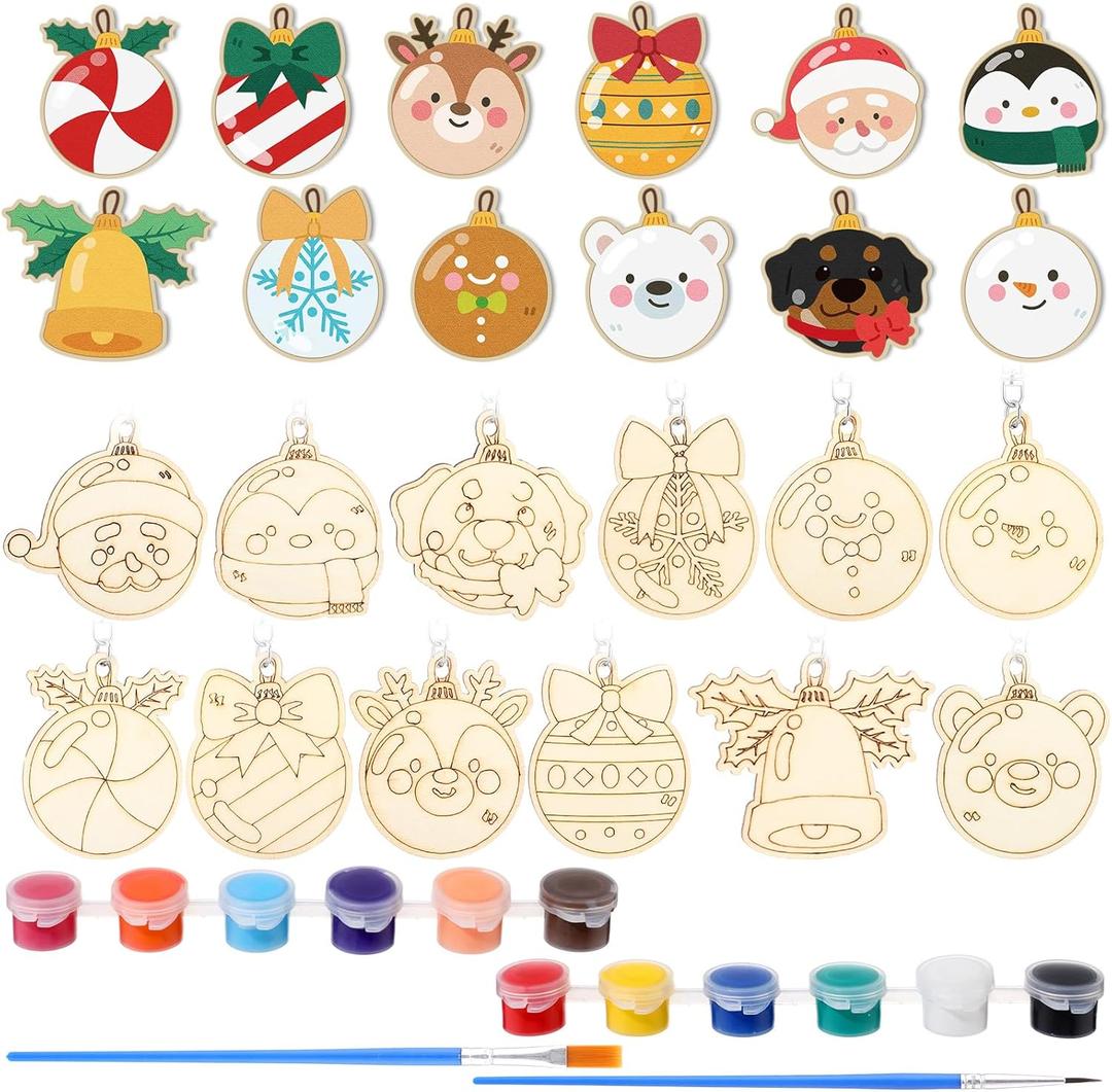 24 Pcs DIY Unfinished Christmas Wooden Paintable Ornaments Make Your Own Christmas Pendants Keychains Hanging Ornaments with Vivid Acrylic Paints and Brushes Winter Holiday Decoration Crafts