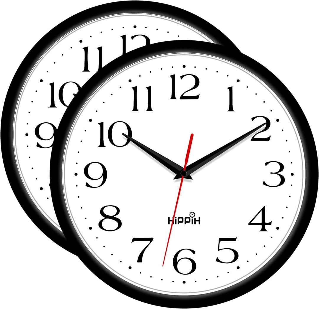 HIPPIH 2 Pack Silent Wall Clock, 12 Inch Non Ticking Quiet Digital Sweep Decorative Battery Operated Wall Clocks for Living Room Bedroom Kitchen School Office Decor, Black