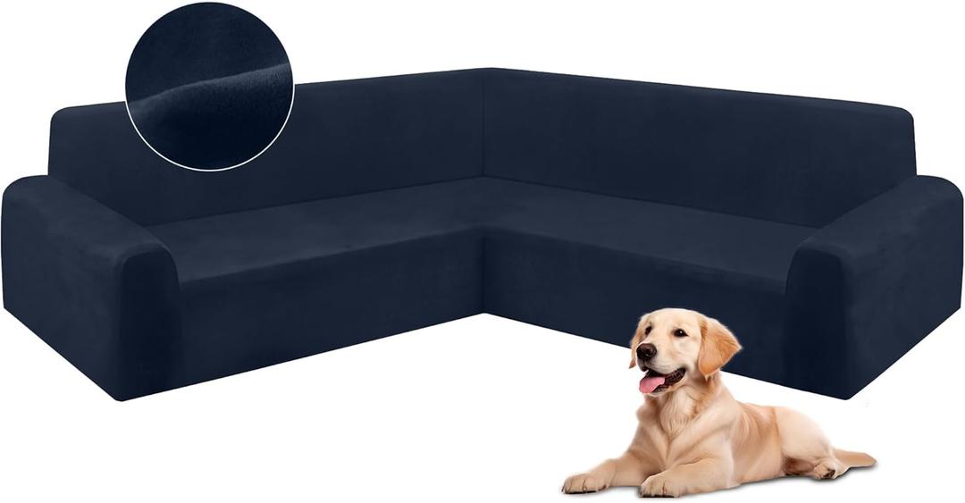 HDCAXKJ Corner Sectional Couch Covers Velvet Stretch L Shape Sofa Cover Soft Thick Sectional Slipcovers Set U Shaped Living Room Non Slip Magic Furniture Protector for Pet Dogs (Navy Blue, Large)