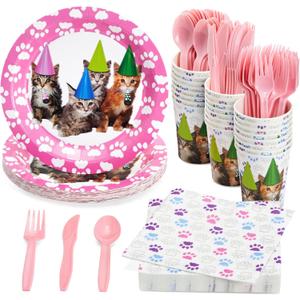 Juvale 144-Piece Kitten Party Supplies Set with Cat Birthday Paper Plates, 6.5-Inch Napkins, 9oz Cups, and Plastic Cutlery, Knives, Spoons, and Forks (Serves 24 Guests)