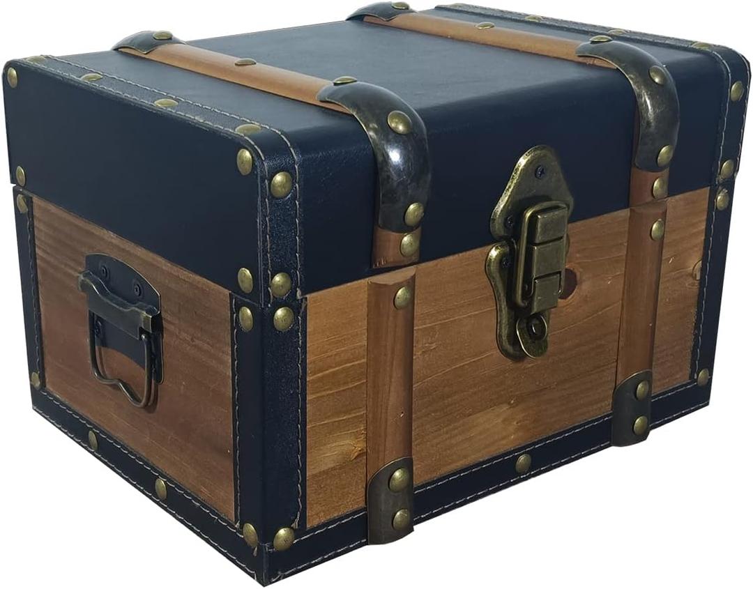 Wooden and leather treasure chest, decorative props storage box, vintage box personalized art lovers storage, souvenir gift jewelry collection Retro Brown, 11.02x9.05x7.48inches