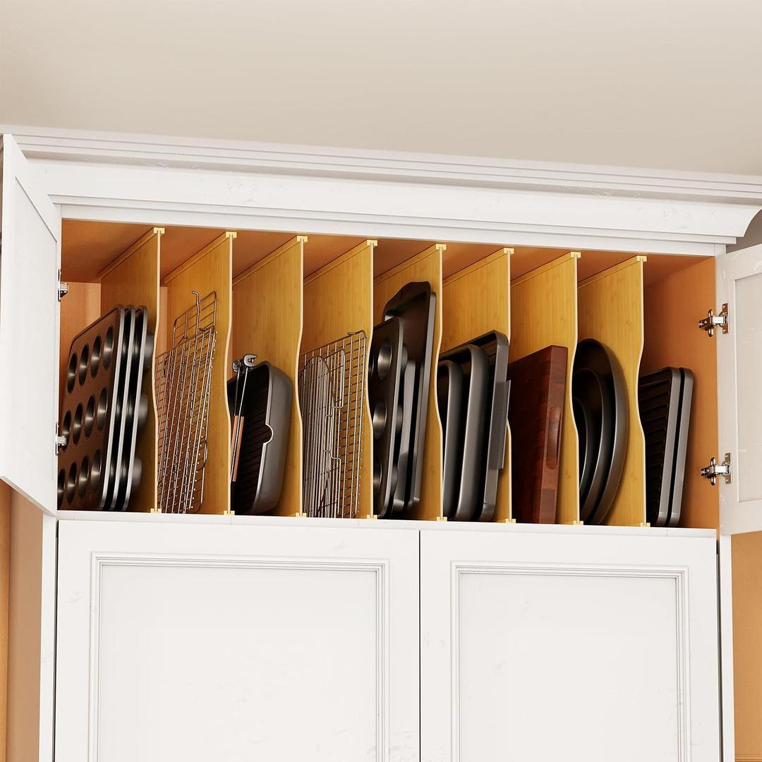SpaceAid 8 Pack Tray Dividers for Cabinets, Bamboo Kitchen Cookie Baking Sheet Organizer for Cabinet, Vertical Pan and Trays Organizers for Pantry Storage