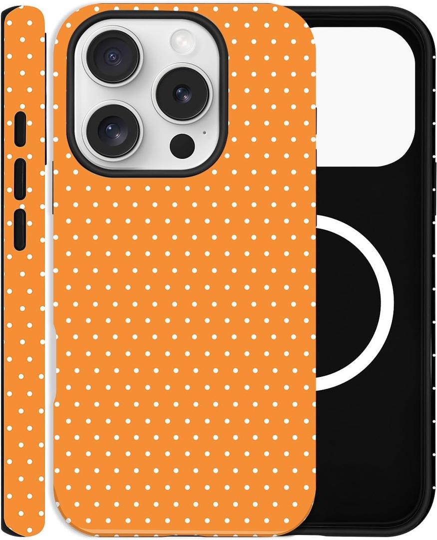 Magnetic Case for iPhone 16 Pro Max, Compatible with MagSafe, Aesthetic Polka Dot Cute Design for Women, Hybrid 2-Layer Hard Shell Phone Cover, Orange