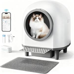 Self Cleaing Litter Box for Multiple Cats, 88L Large Smart Automatic Cat Litter Box with App Control, Health Monitoring, Integrated Safety Sensors, Odor Removal, Mat, Liners (White)