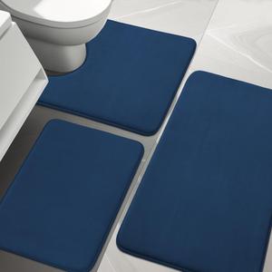 YIHOUSE Bathroom Rug Sets 3 Piece, Memory Foam Bath Mat, Non Slip Super Absorbent Soft Bathroom Mats, Machine Washable Bathroom Floor Mats Sets for Sink,Tub, Shower and Toilet,Dark Blue
