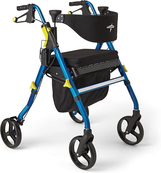 Medline Premium Empower Folding Mobility Rollator Walker with Memory Foam Seat, Black & Blue, 300 lb. Weight Capacity, 8” Wheels, Cupholder, Rolling Walker for Mobility Impairment, Adjustable Handles
