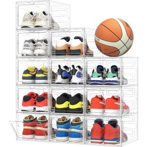 Pinkpum Upgraded Hard Shoe Storage Box 12 Pack X-Large Fit Size 12, Thicken & Sturdy Clear Plastic Stackable Shoe Organizer Box Closet, Sneaker Storage Display Case Holder Bins with Magnetic Door