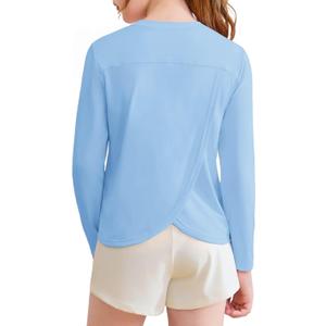 Haloumoning Girls Athletic Shirts Kids Long Sleeve Workout Tops Split Back Quick Dry T-Shirt (7-8 Years, Sky Blue)