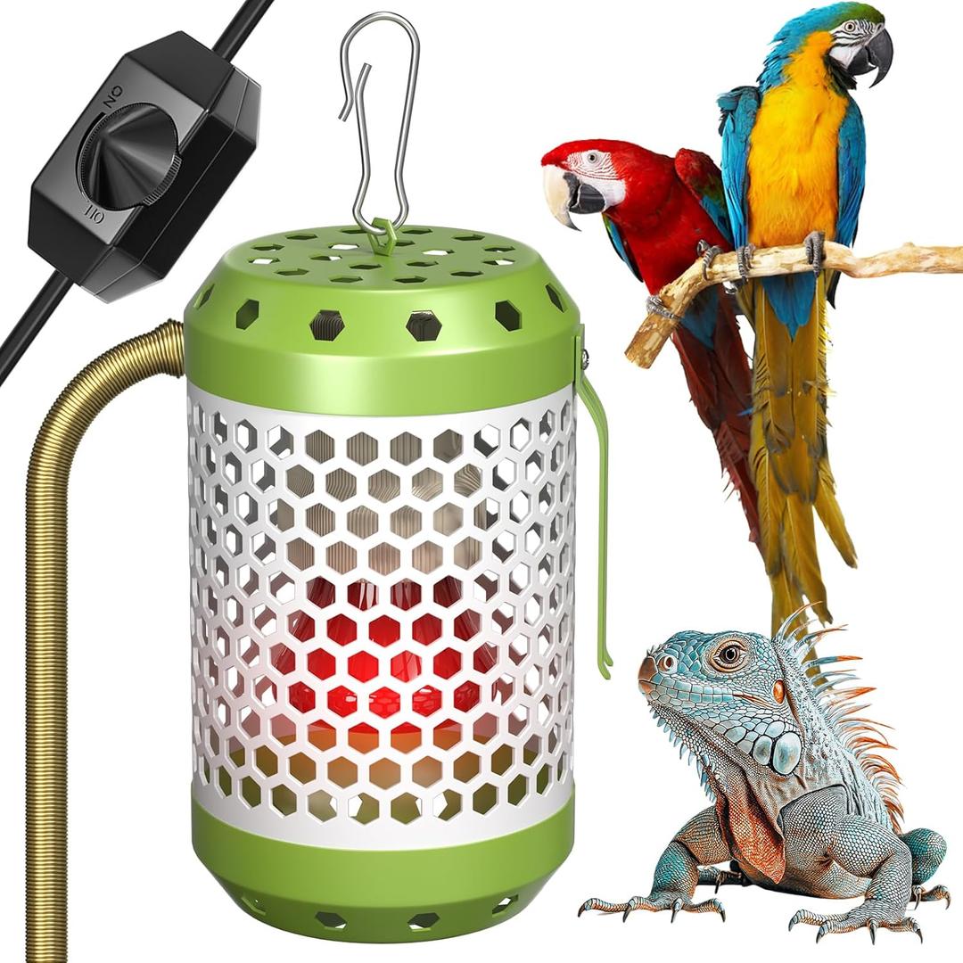 GlowUp Bird Cage Heater with 2 x 100W Ceramic Heat Lamp Bulbs, with Adjustable Temperature Switch Reptile Heat Lamp Guard Bird Cage Heat Lamp for Captive Birds, Reptiles
