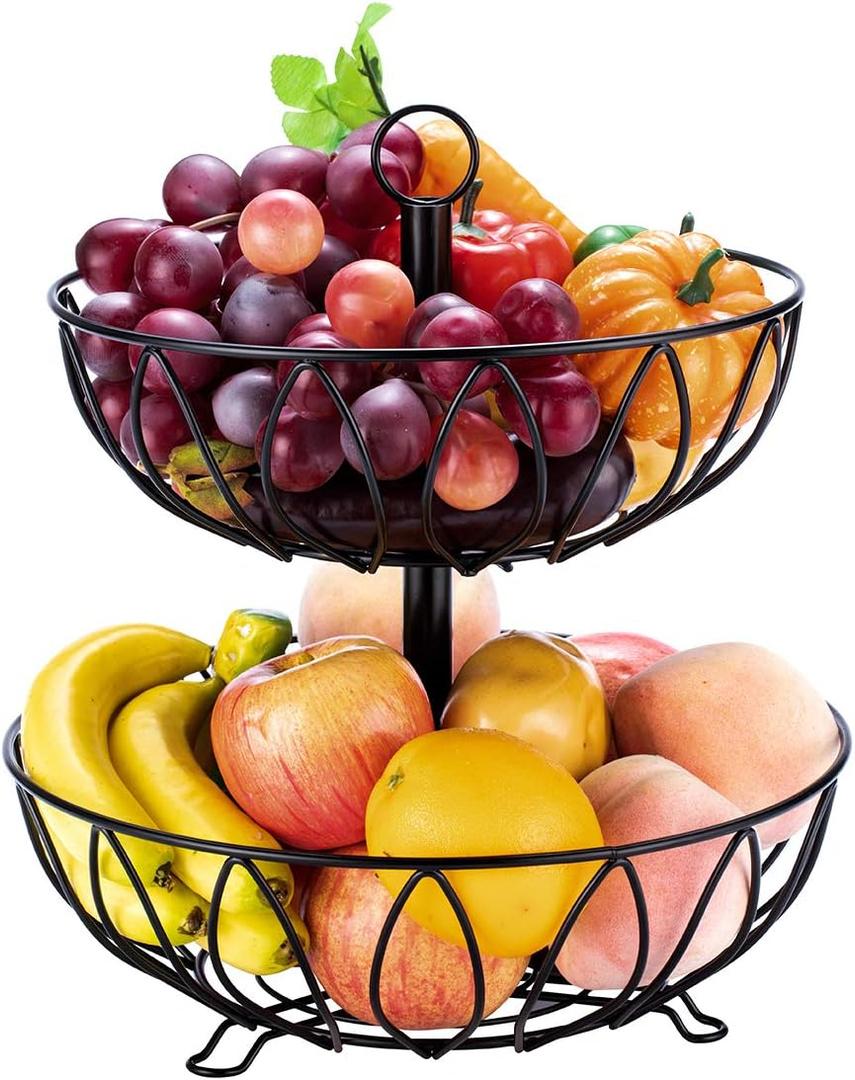 Fruit Stand Vegetables Basket Counter Top Fruit Basket Bowl Storage for Kitchen Home Metal Cast Iron (2 Tier-Black)