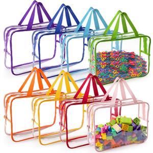 Fasmov 8 Packs Large Toy Storage Bags, 8 Colors PVC Organizers Toy Bags, Travel Organizer Bags Reusable Toy Organizer Pouch with Zipper for Building Blocks, Puzzle, Small Toys and Handmade Accessories