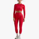 Women 2 Piece Workout Sets Hidden Scrunch Hip Lifting Seamless Leggings Long Sleeve Yoga Crop Tops, Size Large