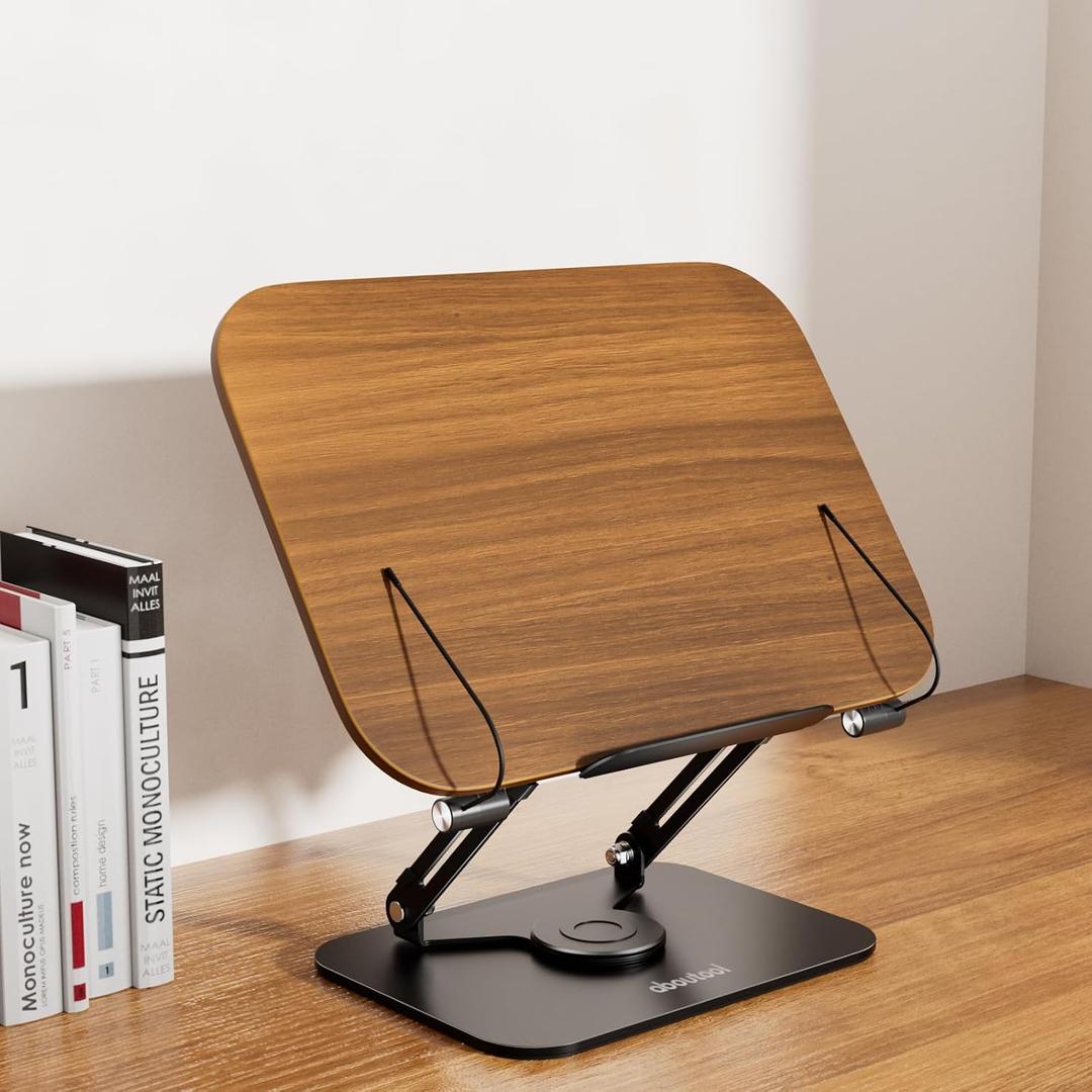 Book Stand for Reading, Aboutool Adjustable Book Holder with 360 Swivel Base & Page Clips, Foldable Cookbook Stand Textbook Stand for Music Scores, Recipe, Tablet, Laptop, Textbook