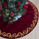 Starry Dynamo 60-Inch Velvet Christmas Tree Skirt with Golden Swirl Embroidery and Lace Tie Closures, Burgundy