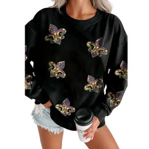 SELINK Womens Mardi Gras Sweatshirt Oversized Crewneck Sequin Long Sleeve Casual Pullover Tops White-XL