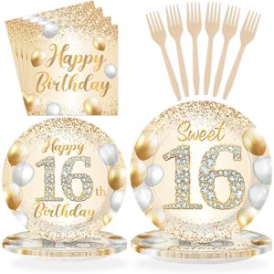 96Pcs Happy 16th Birthday Decorations Sweet Girl 16 Plates and Napkins Tableware Sets White and Gold Glitter Sixteen Birthday Decorations for Girls 16 Years Old Birthdays Party Supplies Serves 24