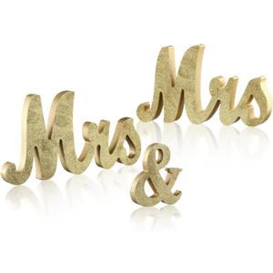 Berlune Mrs and Mrs Sign for Wedding Table, Large Lesbian Wedding Sign for LGBT Head Table Wood Letter, Lesbian Engagement Anniversary Party Decors(Gold)
