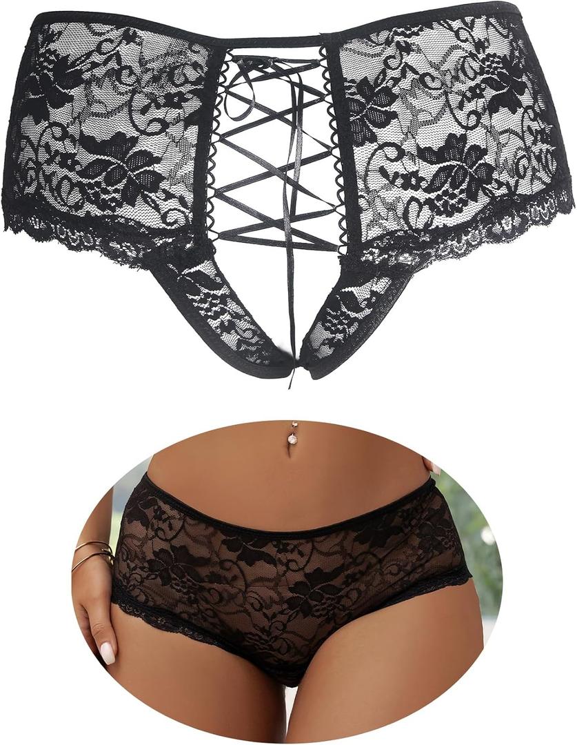 ohyeah Women Lace Boyshort Panty Lace Trim Boyshort Plus Size Underwear Panties Sheer Plus Size Panties (Medium-Large, 1- Black)