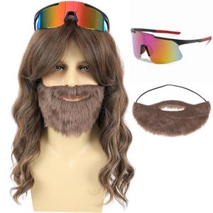 Mens Long Wavy Blonde Wig Natural Looking Synthetic Hair Wigs with Mustache and Glasses for Costume Halloween Party