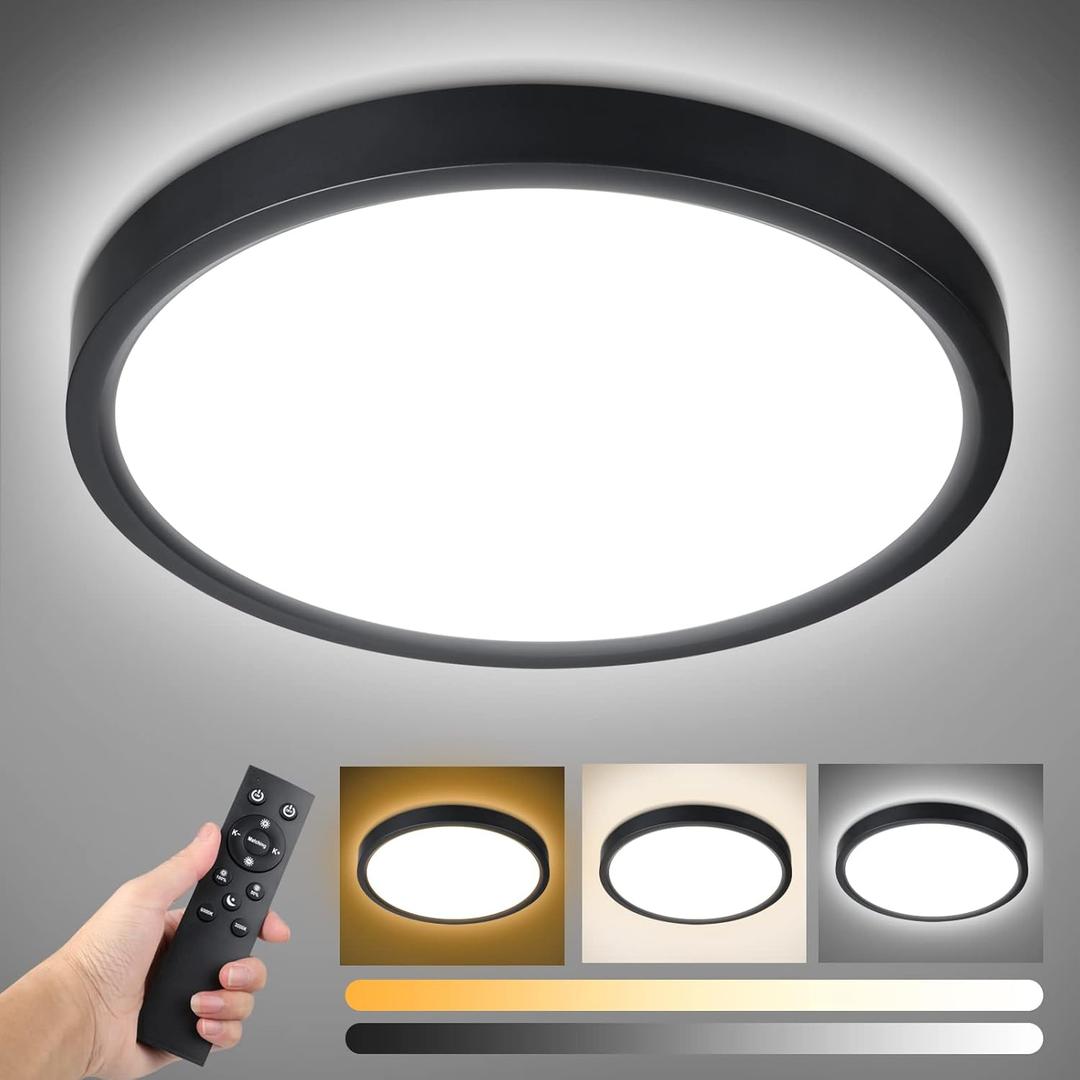 Unicozin Dimmable LED Flush Mount Ceiling Light with Remote Control, 3000K-6000K Color Changing, 8.7Inch 18W(100W Equiv) 1500LM, Round Flat Ceiling Lamp Black for Bedroom, Living Room, Kitchen,Wired