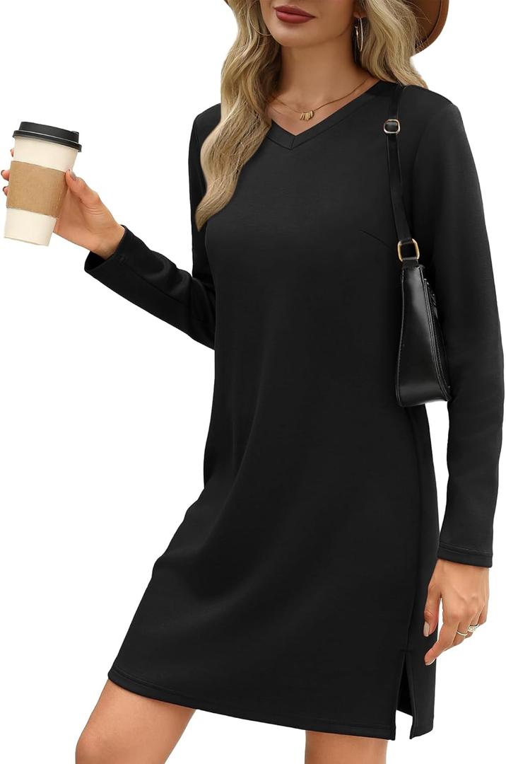 Womens Long Sleeve Dress Casual V Neck T-Shirt Dress Side Slit Loose Fit Fall Fashion Travel Airport Outfits (Large, Black)