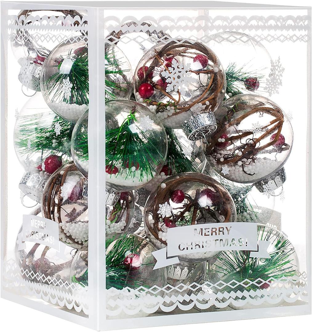 Christmas Ornaments Ball Set-Shatterproof Clear Plastic Decorative Baubles for Xmas Tree House Holiday Wedding Party Decoration,19Pcs (Pine Needle) (Style 4)