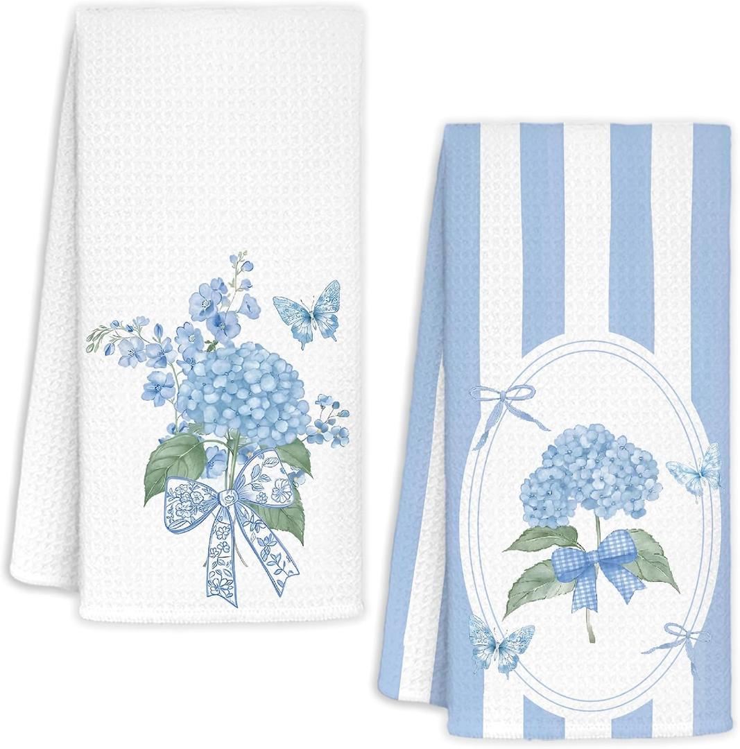Coquette Blue Bow Hydrangea Floral Kitchen Towels, Preppy Girly Hydrangea Hand Towels for Bathroom Decor, Cottagecore Flower Aesthetic Dish Tea Towels for Kitchen Decor, 16x24 Inch Set of 2