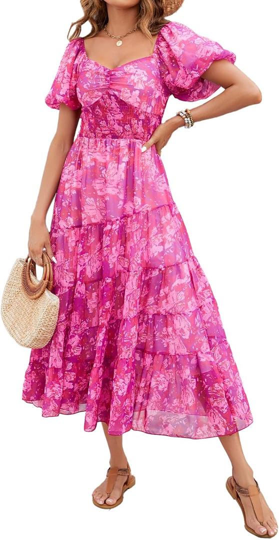 ABYOVRT Women Floral Maxi Dress Short Puff Sleeve V Neck Bohemian Flowy Dress Smocked Casual Spring Summer Dresses (Pink, M)