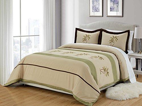 Grand Linen 3-Piece Sage Green/Beige/Brown Tropical Palm Tree Embroidered Duvet Cover Set Queen Size - Luxury, Ultra Soft and Durable. Size 94 × 92
