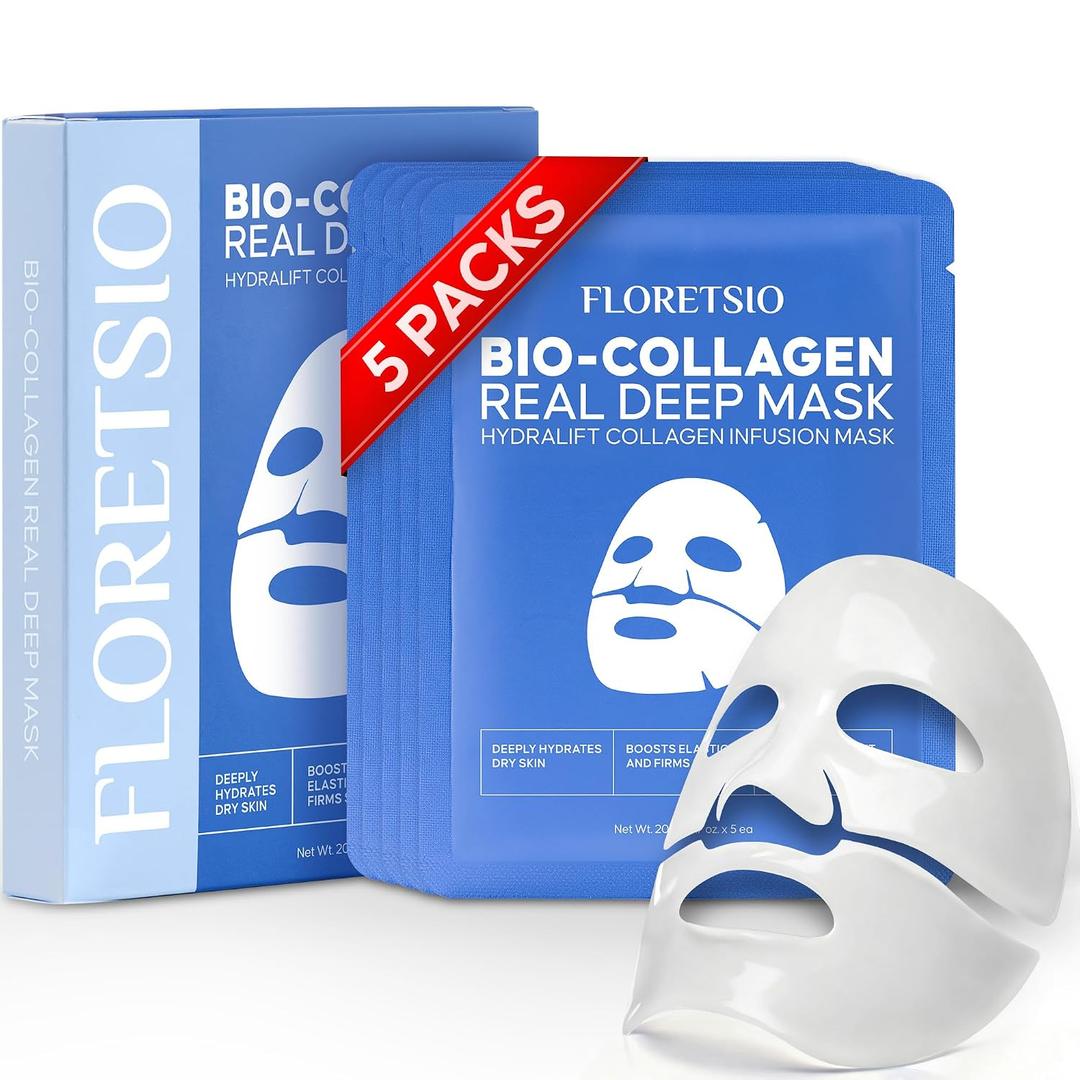 Bio-Collagen Real Deep Mask: Overnight Hydrating, Pore Minimizing, Glowing - Hydrogel With Hyaluronic Acid & Cica - Ultra Low Molecule - Women & Men - 5 Pcs