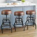 Adjustable Height Swivel Bar Stools Set of 3, 22-29 Inch Industrial Vintage Bar Counter Height Stools with Thicken Premium Bonded Leather Seats & Updated Footrests, Easy Assembly, Brown