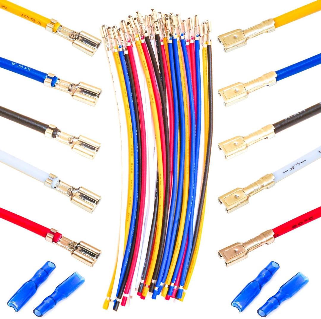 3 x 3.8MM Female Quick Disconnects Insulated Spade Receptacle Connector, 18AWG Red/Black/Yellow/White/Blue Pre-Crimped Cable Length of 10/30/50/100CM Wire Pack of 5pcs (Spade 3.8F-50CM)