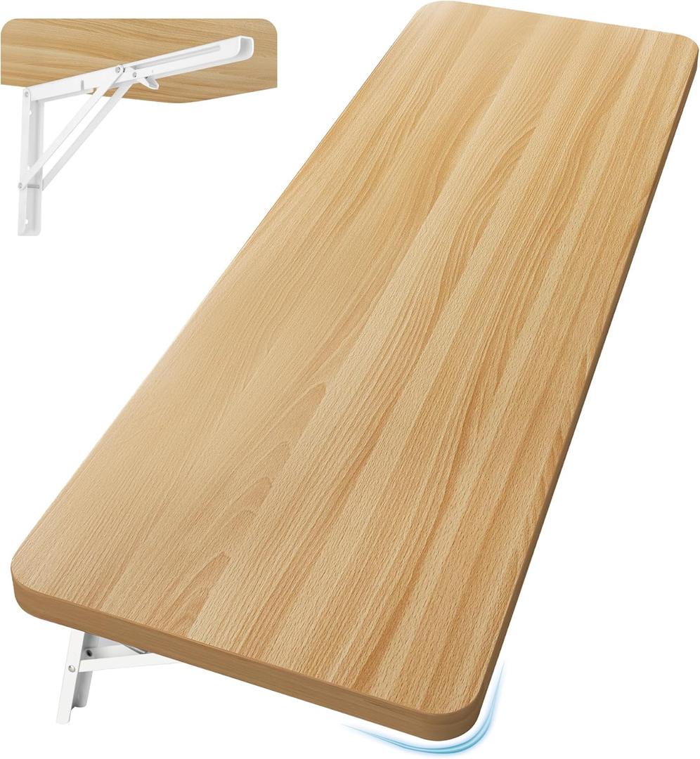 Wall Mounted Folding Table 47.2L x 19.7W, Laundry Folding Table with Heavy Duty Metal Collapsible Shelf Brackets, Wall Mounted Desk Fold Down for Small Spaces, Wood Color