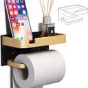 Toilet Paper Holder with Shelf Adhesive Wall Mounted No Drill Aluminium Alloy Stainless & Rustproof Toilet Paper Roll Dispenser Bathroom Organizer Storage Rack Matte Black Gold