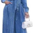 Voghtic Women's Sexy Denim 2 Pieces Outfits Fall Long Sleeve v Neck Crop Lace-Up Shirt Wide Leg Pants Matching Sets XXL