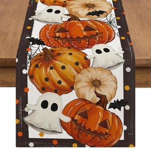 Halloween Table Runner 13x72 Inch  Spooky Pumpkin Ghost Bat Design with Polka Dots and Spider Webs, Festive Dining Table Decoration for Fall, Halloween Party and Autumn Home Dcor