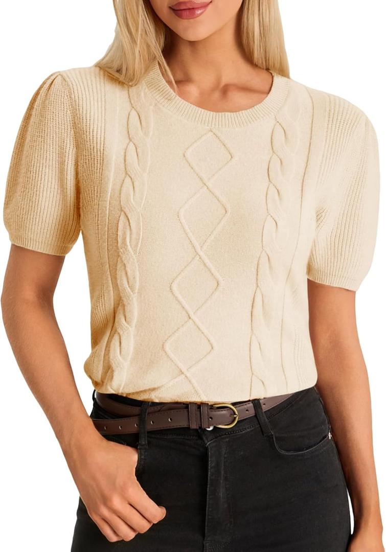 Cicy Bell Womens Puff Short Sleeve Sweater Tops Cable Knit Crew Neck 2026 Spring Shirts Lightweight Dressy Casual Sweaters (Beige, S)