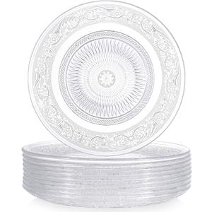 10 Pcs 9.8 Inch Acrylic Crystal Dinner Plates, Clear Round Plastic Serving Platter Trays Vintage Dragon and Phoenix Embossed Dinnerware for Serving Food Salad Pasta Fruit Home Party Wedding