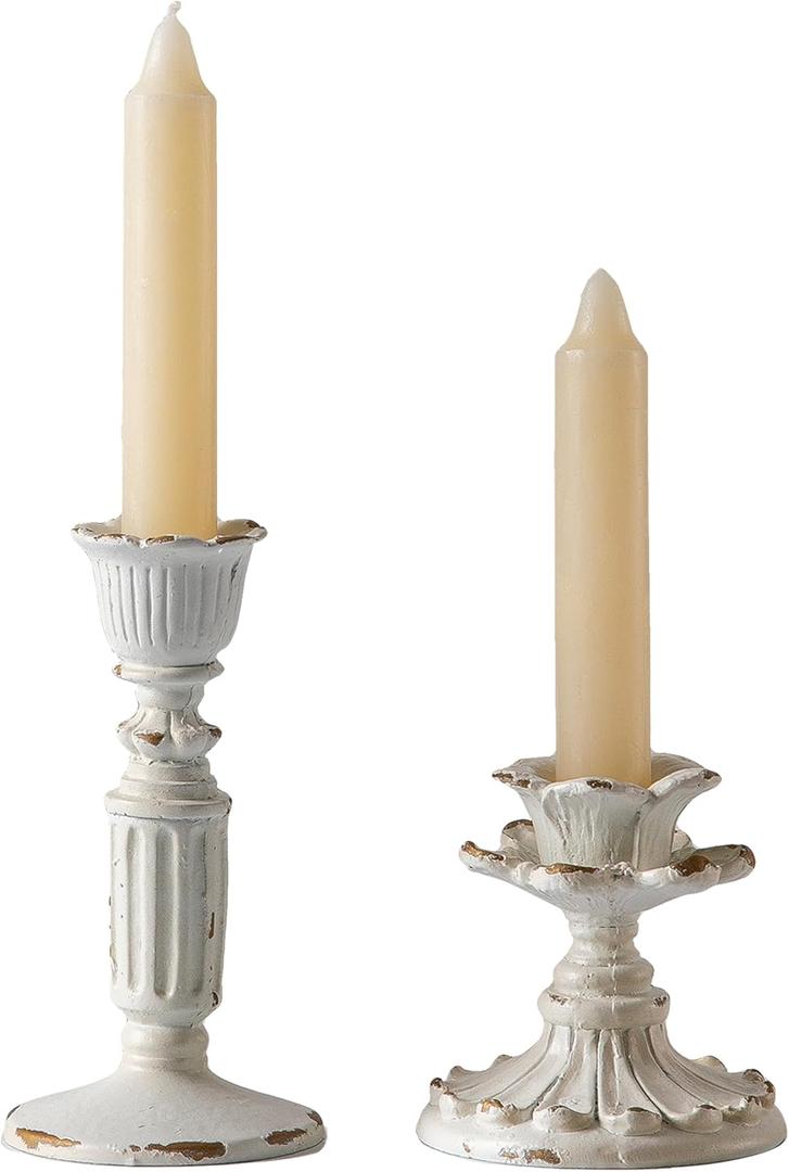 SOFE Resin Small Taper Candle Holders Set of 2, Candle Stick Holder Vintage, Antique Rustic Candle Holder, Distressed White Gold Candlestick Holder, Birthday Home Party Table Decor (Flower Design)