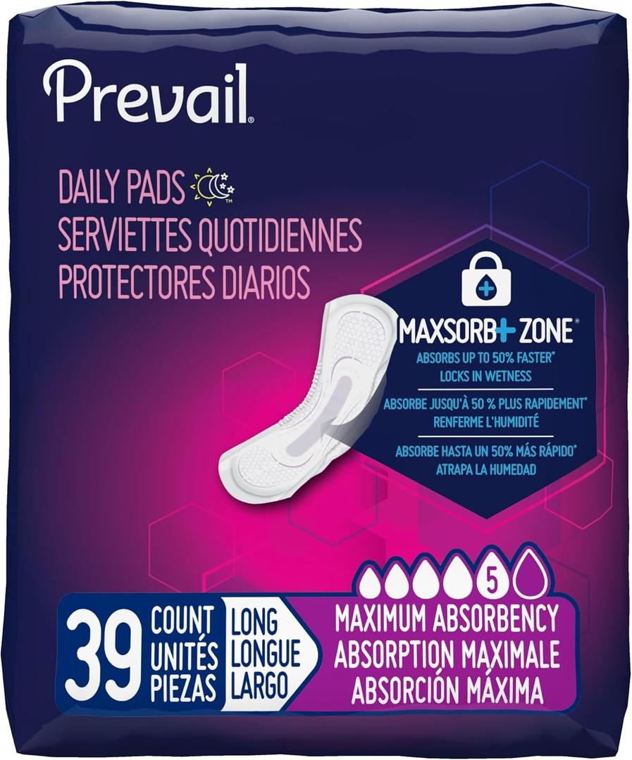 Prevail Incontinence Bladder Control Pads for Women, Maximum Absorbency, Long Length, 39 count