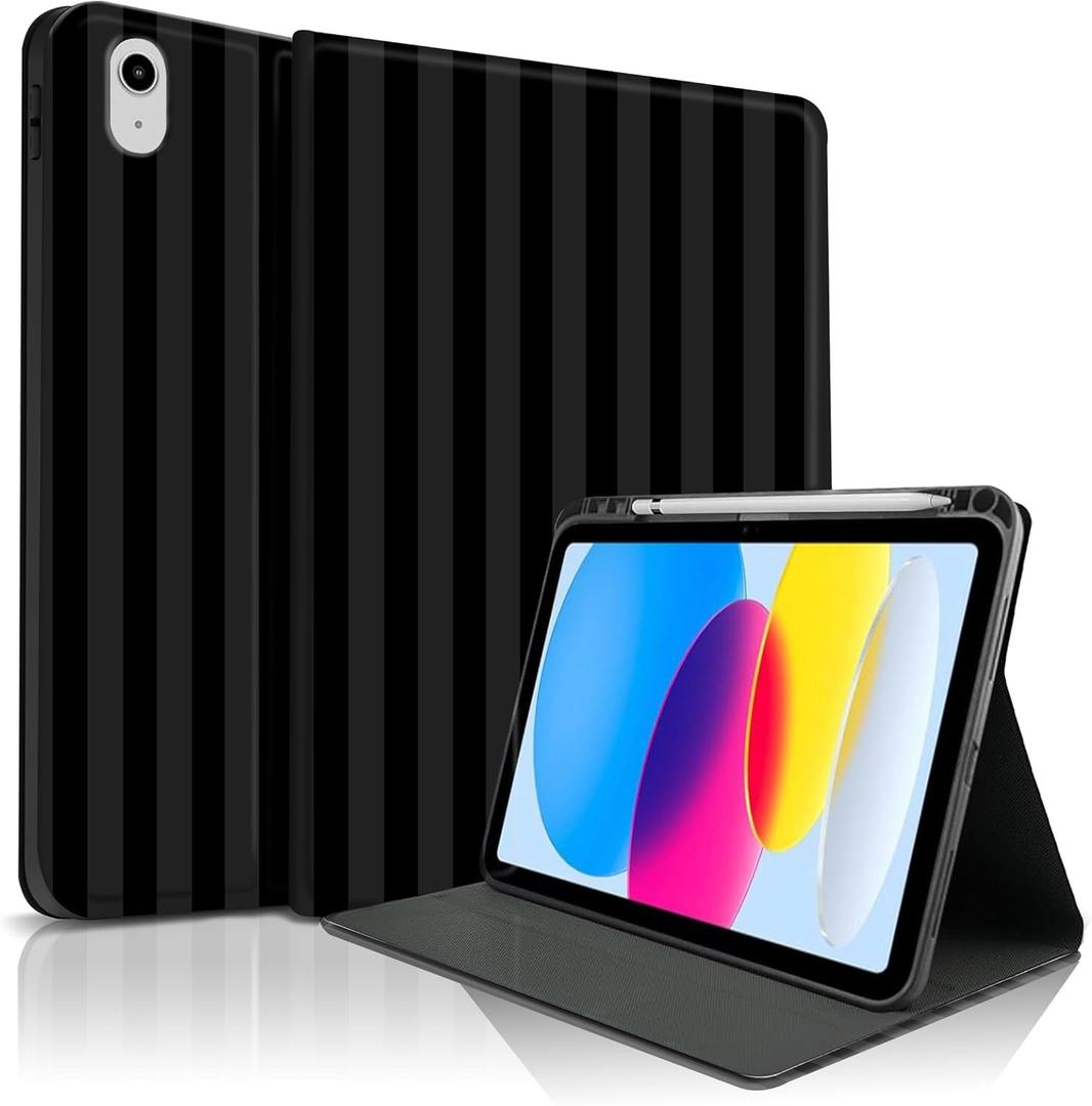 TopPerfekt Case for iPad 11th (A16) 11-inch 2025 / 10th Generation 10.9-inch 2022, Striped Cute Girly Collegiate Style Case with Pencil Holder for Kids, Boys, Girls, Anti-Slip, Anti-Shock - Black