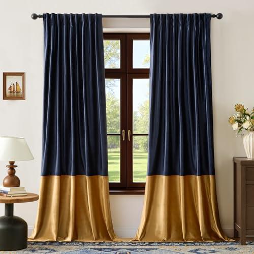 BULBUL Velvet Curtains 96 inches Long for Living Room Navy Blue Gold, 2 Panels Blackout Curtains Modern Color Block Back Tab Rod Pocket Soundproof Drapes for Bedroom Window Decor
