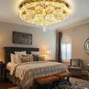 Modern Chandeliers for Living Room Crystal Chandelier Ceiling Light Fixture LED Dimmable with Remote Pendant Lighting Flush Mount Lighting for Dining Room Bedroom Gold (32'')