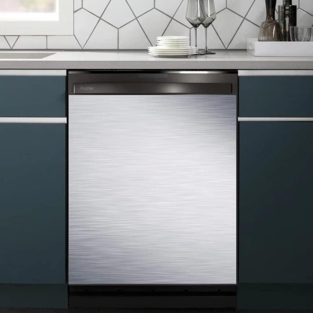 Stainless Steel Brushed Pattern Dishwasher Magnet Cover Panel Decal Home Appliance Art, Stainless Steel Fridge Door Cover Decals Magnetic, Silver, Mobile Magnetic 23" x 26"