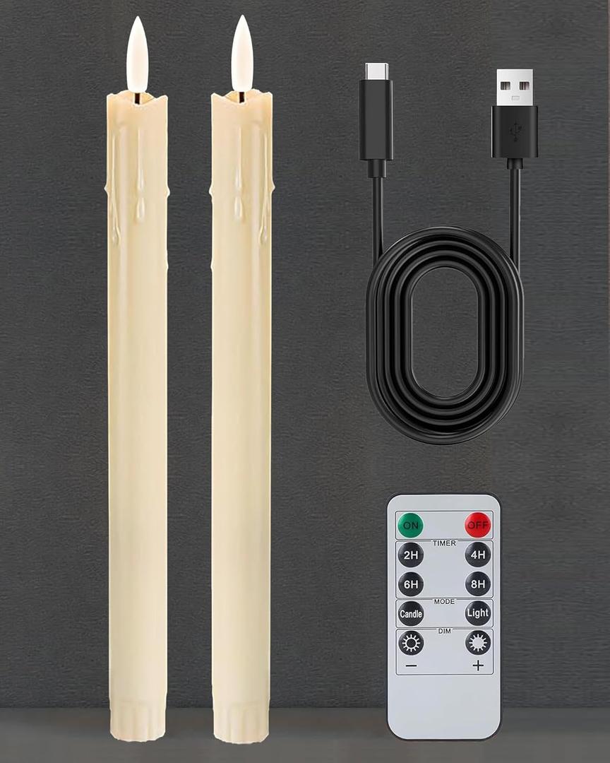 9.6" Rechargeable Flameless Taper Candles with Remote, Timer, Dimmer, Ivory LED CandleSticks, 2 Pack USB Long Candles Battery Operated for Window, Table, and Mantel Decor