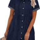 GRAPENT Denim Dress for Women Babydoll Tiered Short Sleeve Button Down Jean Shirt Dresses (Large, Twilight Blue)