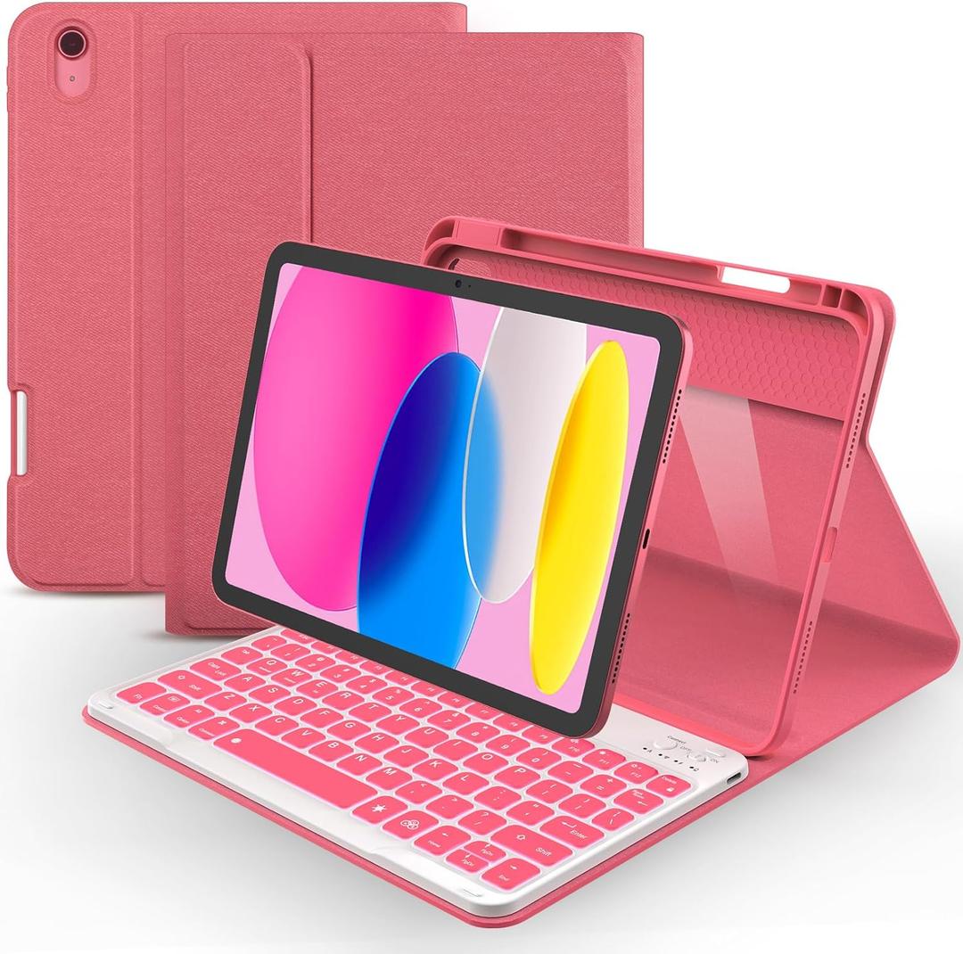 ABSONE for iPad A16 11th 10th Generation Case with Keyboard, 7 Colors Backlit Detachable Wireless Folio Keyboard Cover with Pencil Holder for iPad A16 11 inch Gen 2025 10th Gen 10.9 Inch 2022 Pink