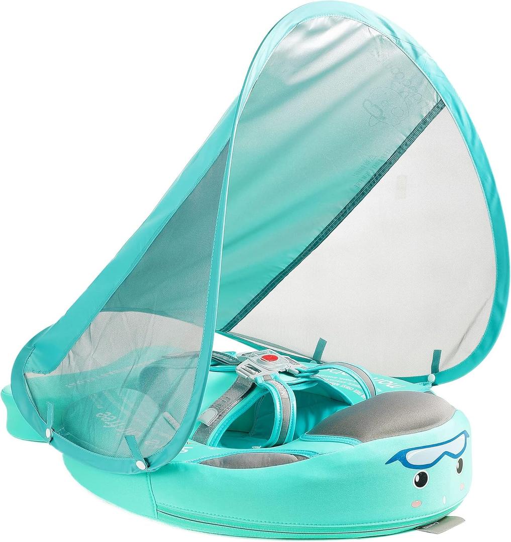 Mambobaby Float with Canopy Baby Swim Float with Tail, New Upgraded Non-Inflatable Solid Baby Pool Float, Soft Skin-Friendly Fabric Material Infant Swim Float (Special Edition Green), Small