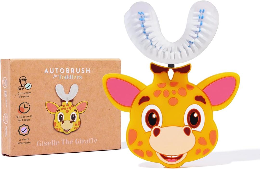 autobrush U Shaped Kids Manual Toothbrush- 360 Design for Upto 5.1X Better Cleaning with Unique Nylon Bristles, Comfort Grip Handle, Waterproof Design, Ages 6-8, Giraffe (Double-Sided)